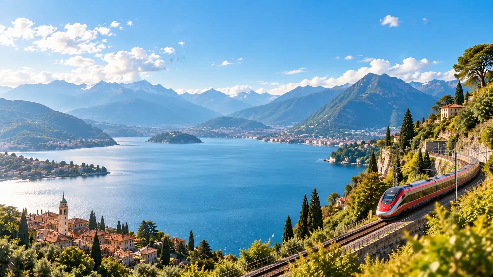 A train on a beautiful Alpine lake rail, with mountains in the background and a calm lake in the foreground.